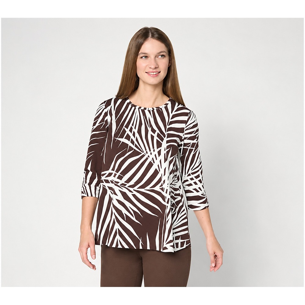 Denim & Co. Beach Jersey Round Neck 3/4 Sleeve Swing Top Chocolate Palm, XL